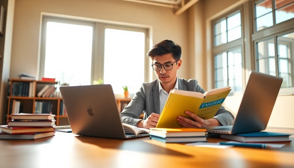 Student using exam assistance materials in a bright study space.