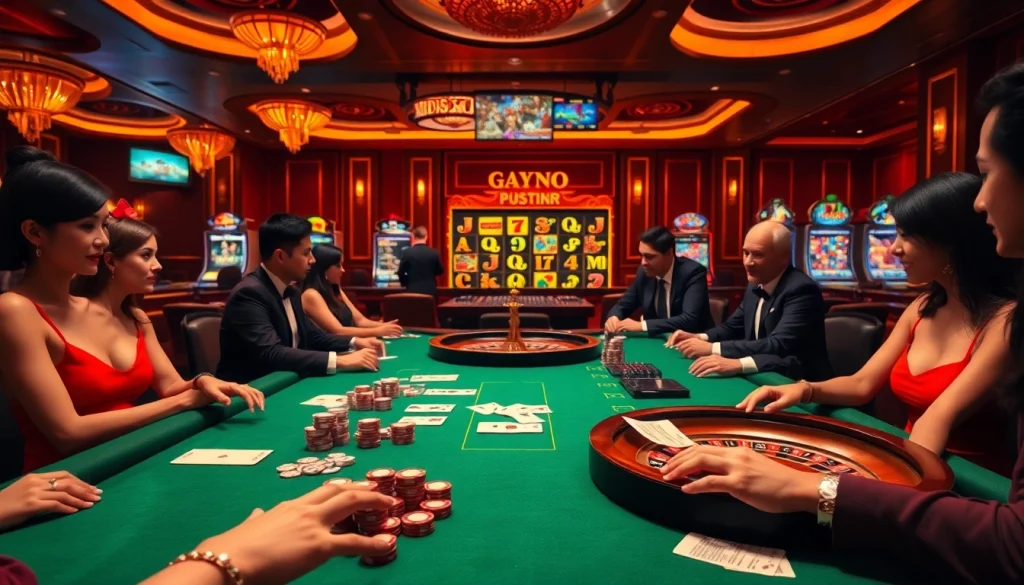 Joueurs engagés à une table de luxe dans un casino en ligne, capturant l'excitation du jeu.