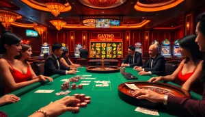 Joueurs engagés à une table de luxe dans un casino en ligne, capturant l'excitation du jeu.