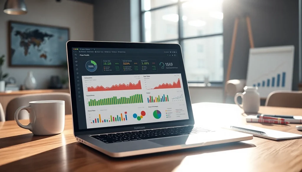 Analyze data using SEO Rank Tracker on a sleek laptop with vibrant metrics.