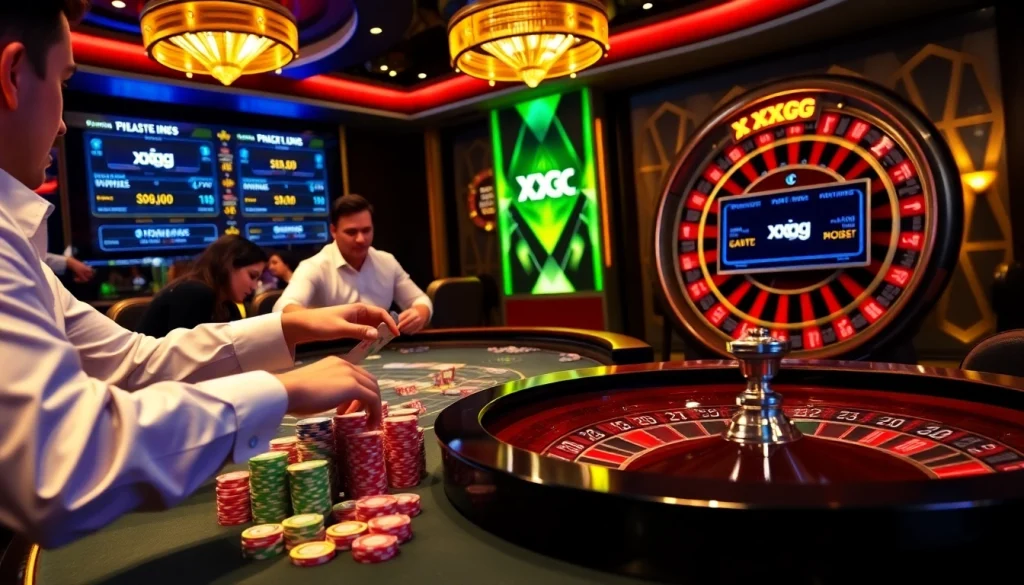 Experience the thrill of gambling at xxgg with a luxurious casino scene featuring poker and roulette.