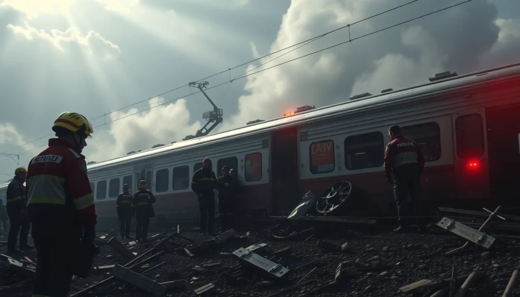 Emergency responders at a spain train crash scene, providing aid amidst wreckage and smoke.