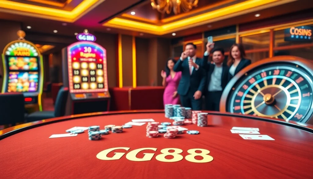 Exciting GG88 casino scene with vibrant poker chips, cards, and a roulette wheel.