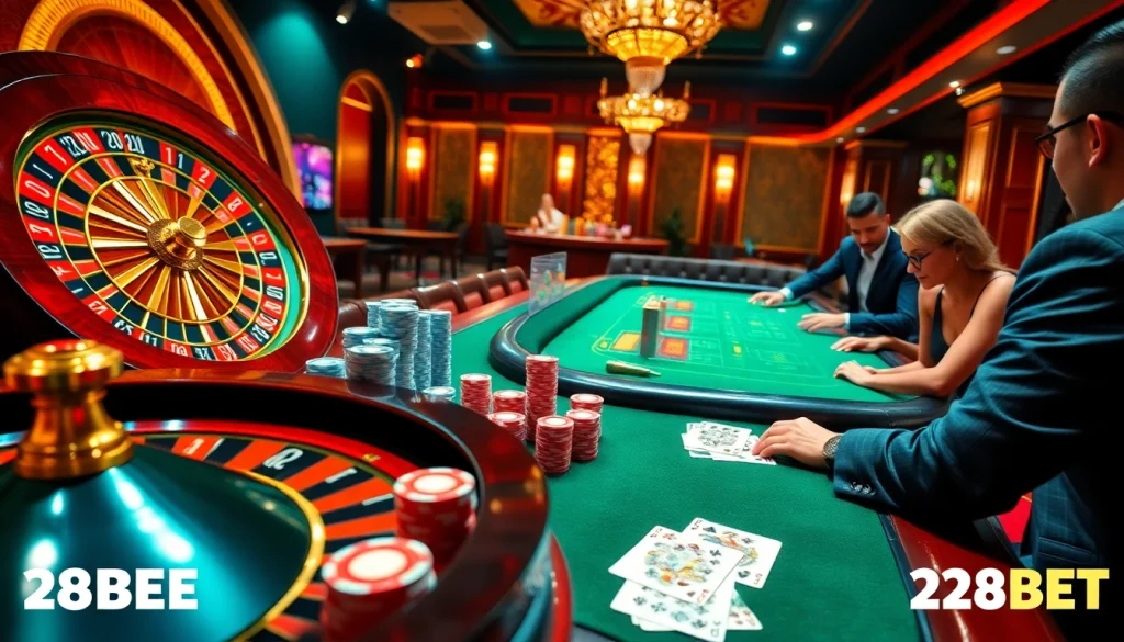 Experience the excitement of gambling at 28BET with a luxurious casino scene featuring roulette and poker.