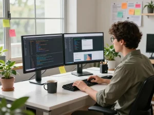 网络开发人员在充满活力的工作空间中使用双显示器进行编码，展示谷歌浏览器的功能