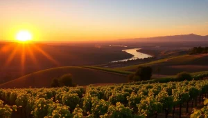 Captivating landscape of Clarksburg California showcasing vineyards and a serene river at sunset.