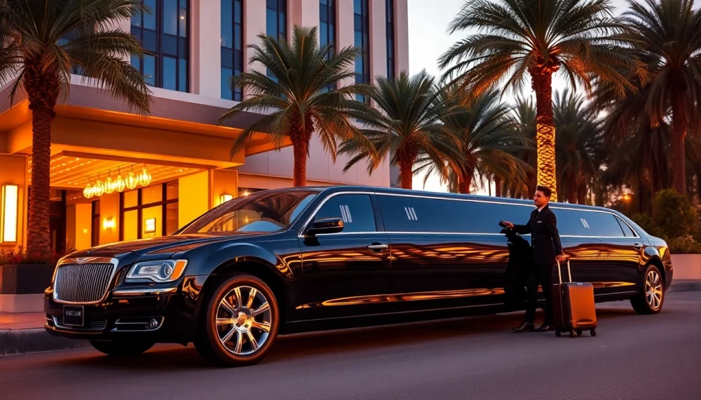 LA Limo - A luxurious black stretch limousine awaits outside a classy LA hotel, embodying elegance.