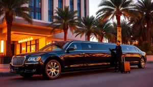 LA Limo - A luxurious black stretch limousine awaits outside a classy LA hotel, embodying elegance.
