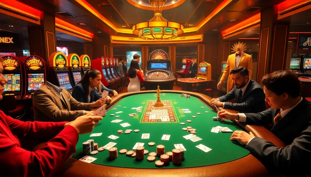 Experience the excitement of MM88 COM with players at a poker table and vibrant slot machines.