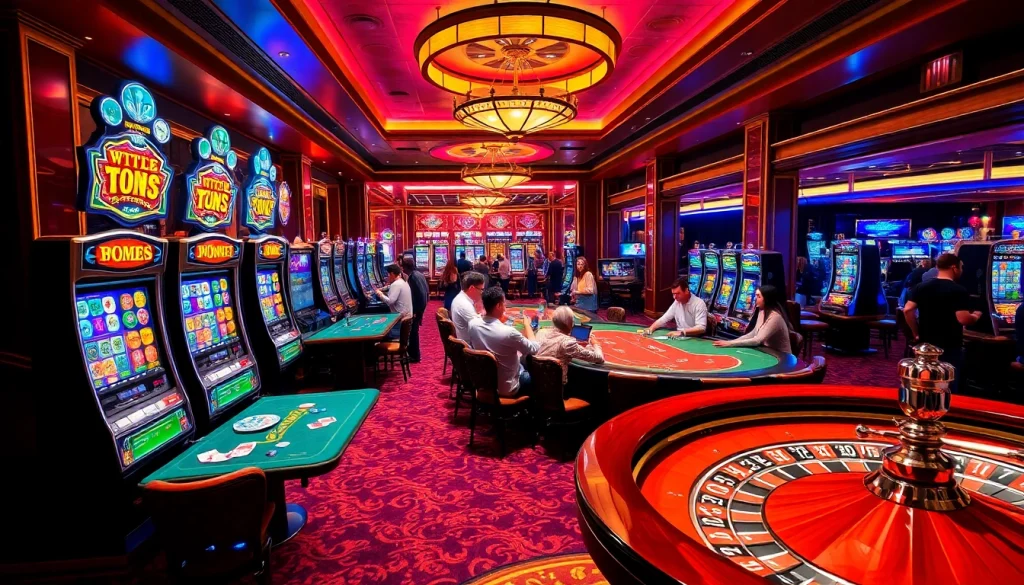 Excited gamblers enjoying games at thabet casino with slot machines and poker tables.