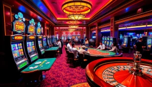 Excited gamblers enjoying games at thabet casino with slot machines and poker tables.