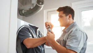 Technician performing Dryer Vent Cleaning in a modern laundry room.