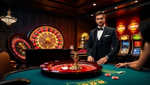 Scène engageante de joueurs dans un casino en ligne de luxe avec des jetons de poker et une roue de roulette.