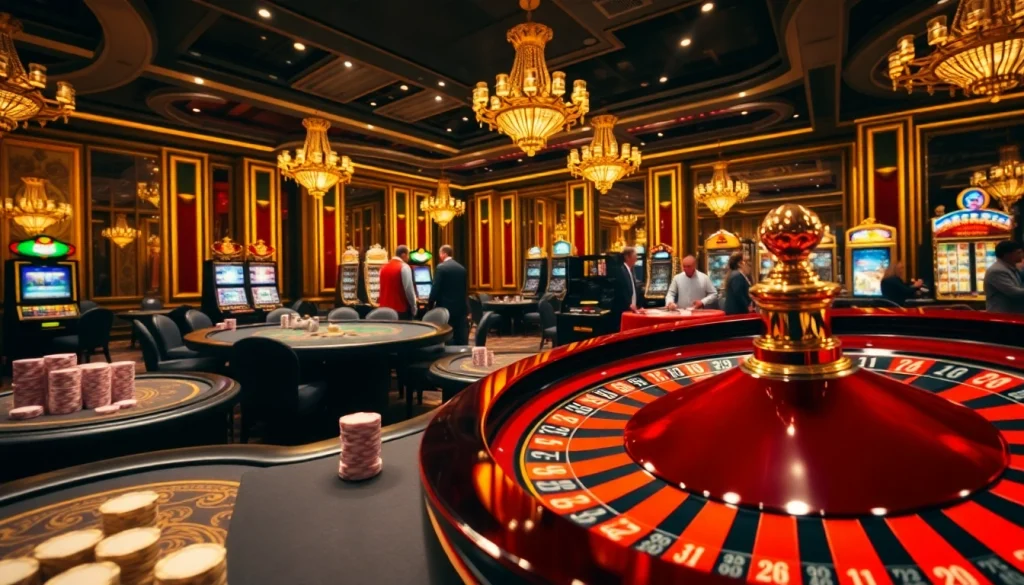 Des joueurs engagés dans un casino en ligne avec des tables vibrantes et une roue de roulette excitante.
