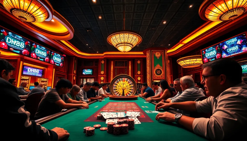 Crowd enjoying a poker game at a luxurious DH88 casino, showcasing excitement and glamour.