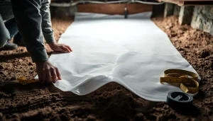 Vapor Barrier Installation showing a professional contractor laying down a polyethylene sheet in a crawl space.