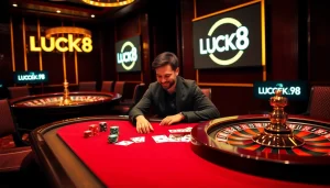 LUCK8 gambler strategizing at a luxury poker table in an elegant casino setting.