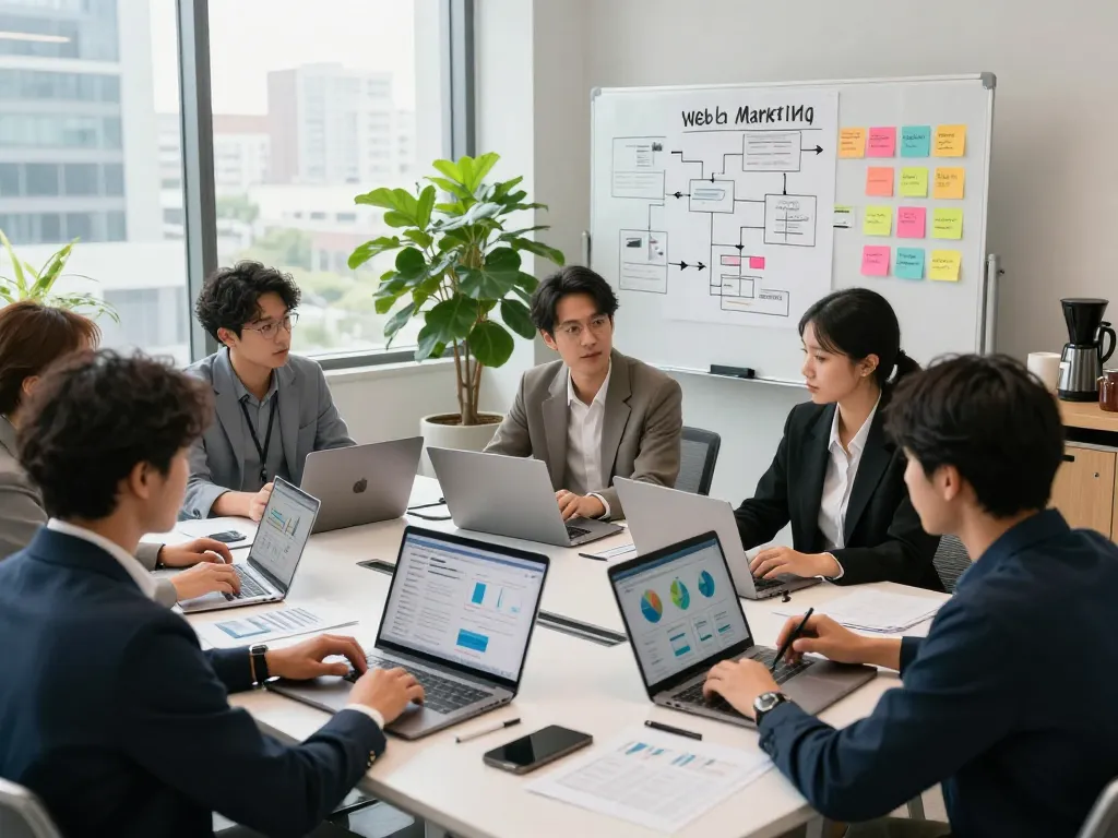 明るいオフィスでウェブマーケティング戦略をブレインストーミングする合同会社SUMXのコラボレーションチーム。