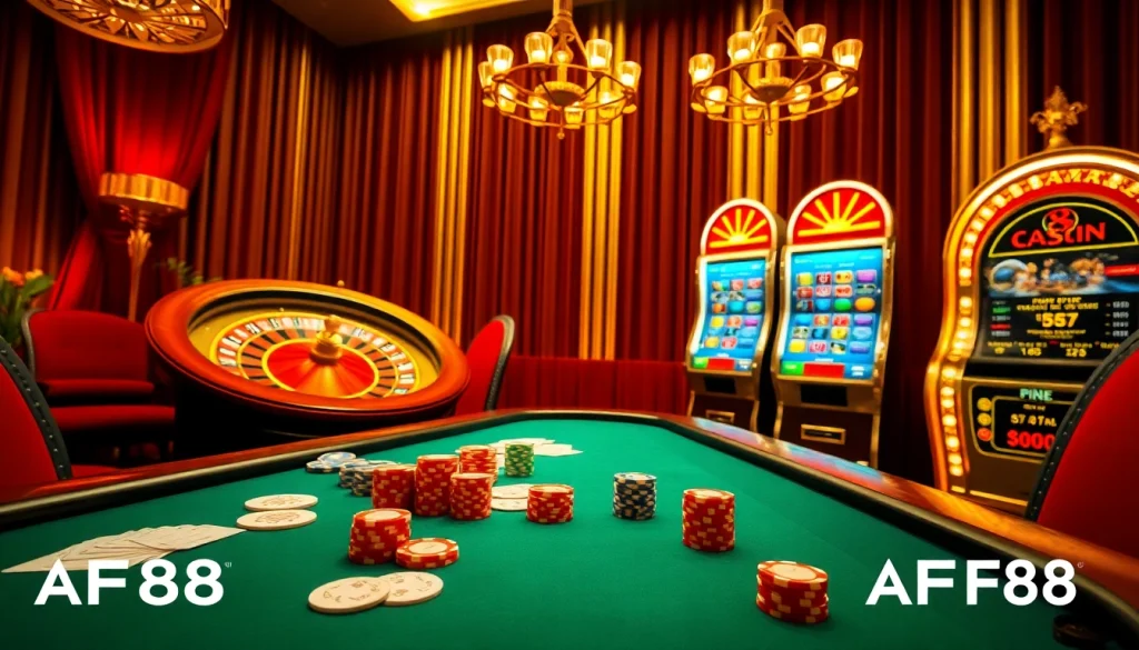 Players enjoying high-stakes poker at AF88's luxurious casino table featuring vibrant cards and chips.