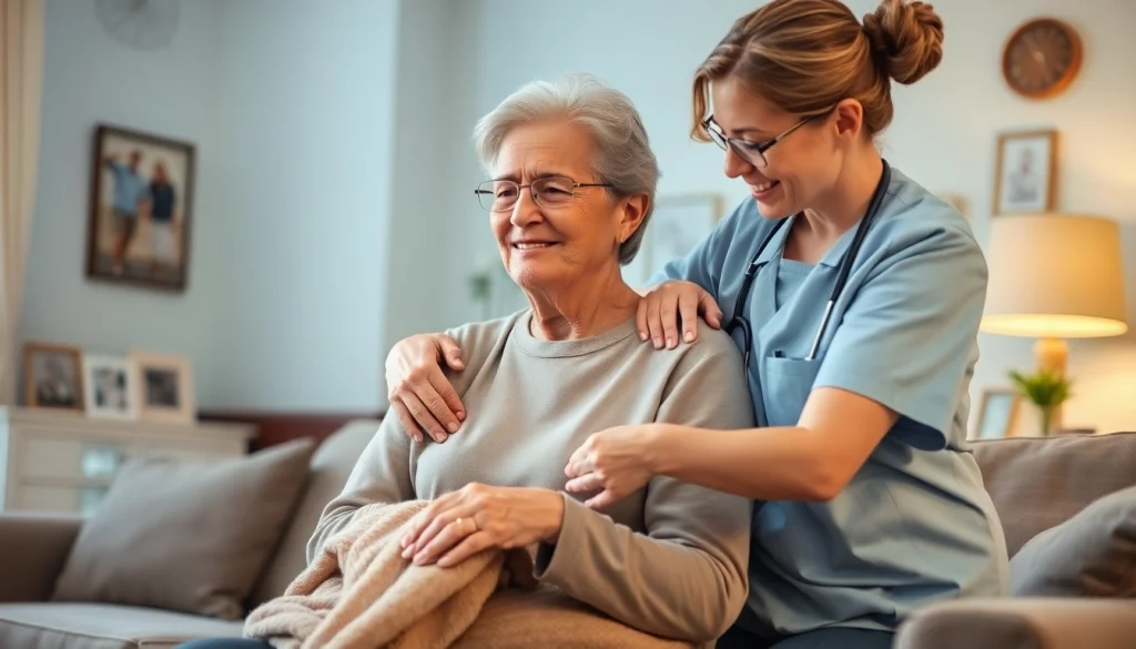 Engaging scene of in home health care near me with caregiver and elderly person in a comfortable home setting.