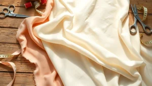 Stof voor blouse in verschillende stoffen op een houten tafel met naaiaccessoires.