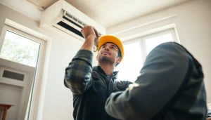 Technician performing emergency hvac repair bc in a bright living room environment.