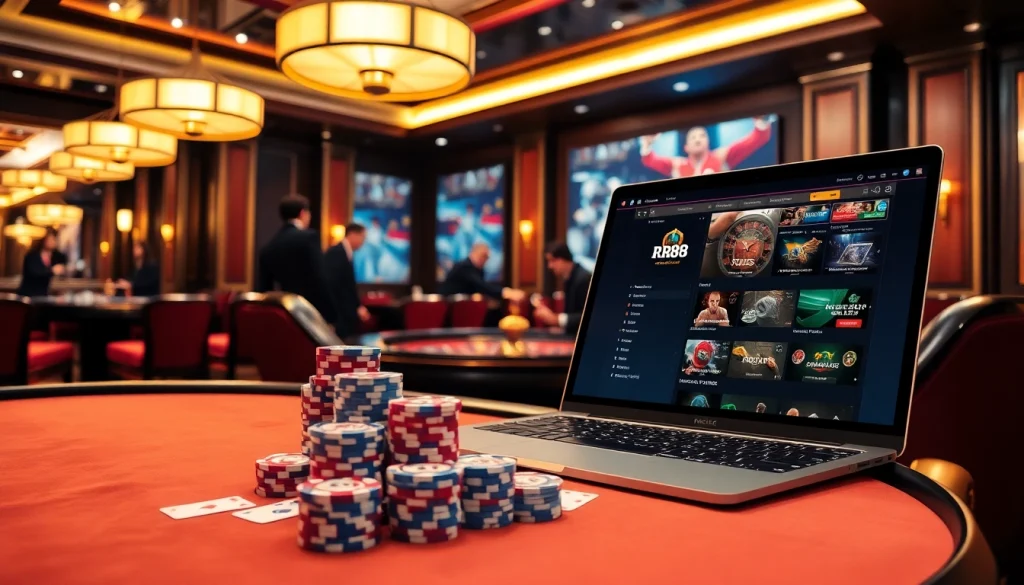 Experience the excitement of RR88 at a luxurious casino table with chips and cards.