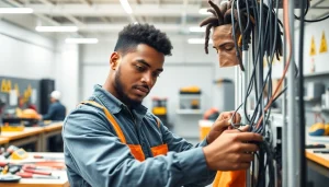 Engaged electrician apprentice connecting wires in a bustling workshop environment.
