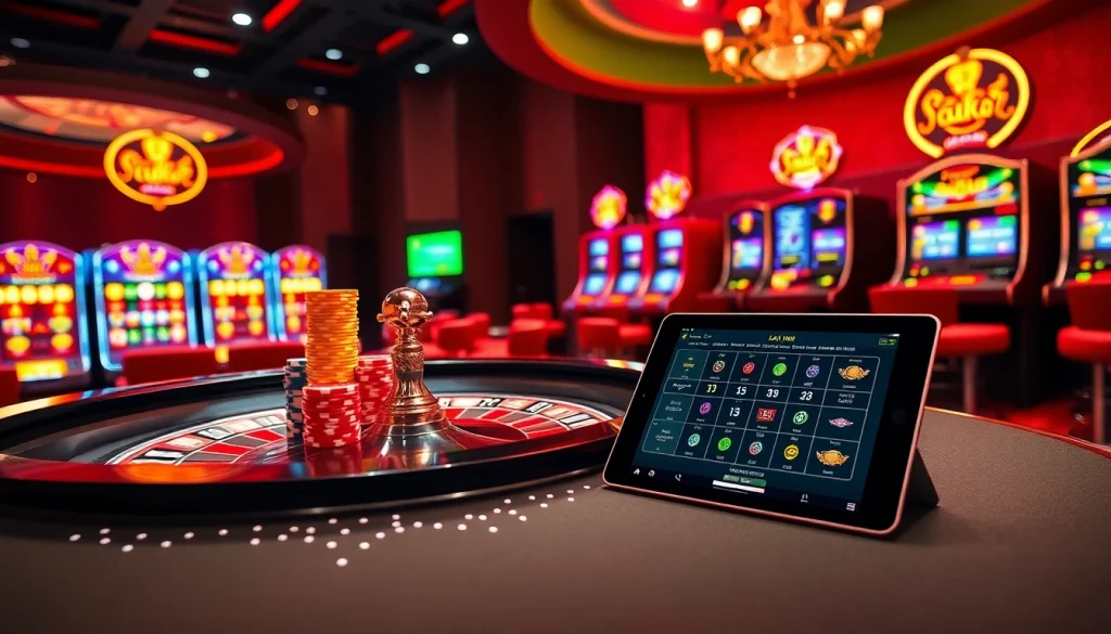 Engaging scene of Đăng Nhập F168 with vibrant casino elements, featuring roulette, poker chips, and online betting interface.
