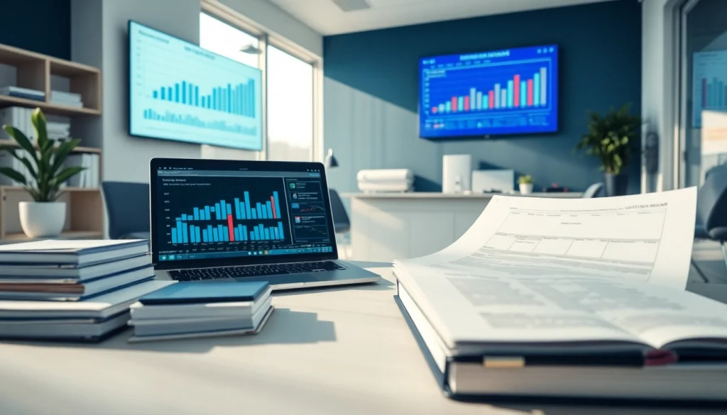 Profesjonalne biuro rachunkowe prezentujące usługi księgowe z cyfrowymi wykresami i uporządkowanym miejscem pracy.