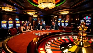 Joueurs engagés autour d'une table de casino en ligne vibrante, reflétant l'excitation et le frisson.