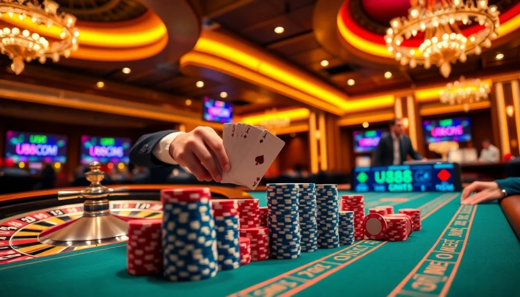 Experience high-stakes poker action at u888 com with vibrant chips and a roulette wheel.