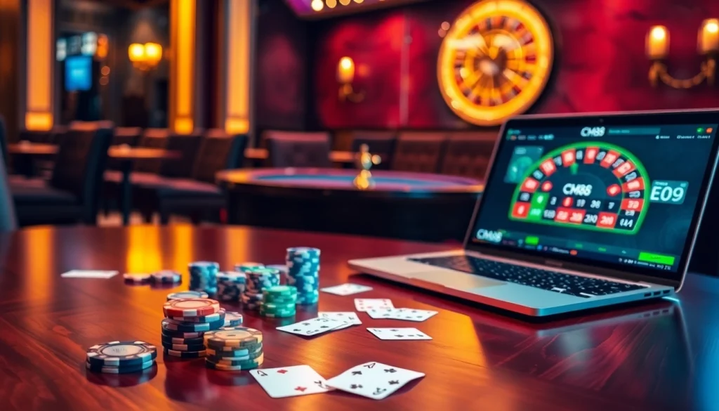Exciting casino gaming scene with CM88 poker chips and a roulette wheel.