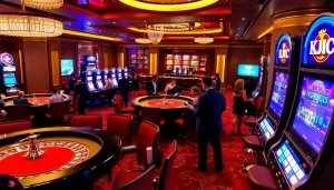 KJC branded casino scene with players enjoying poker and roulette, highlighting vibrant gaming activities.