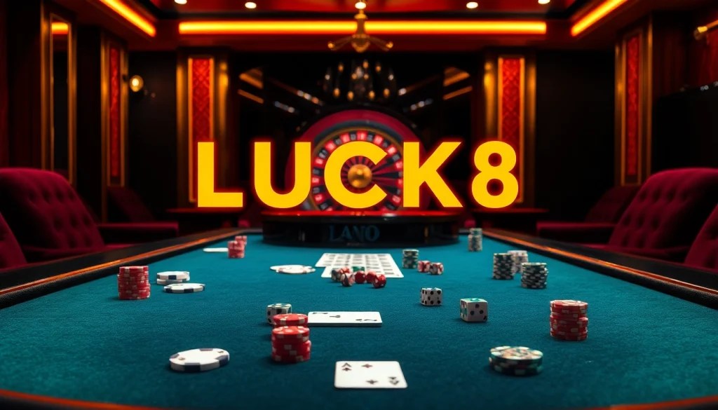 Experience the excitement of LUCK8 with a stunning casino table filled with poker chips and cards.