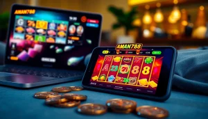 Exciting online gaming scene featuring AMAN788 platform on a mobile device surrounded by gaming tokens.