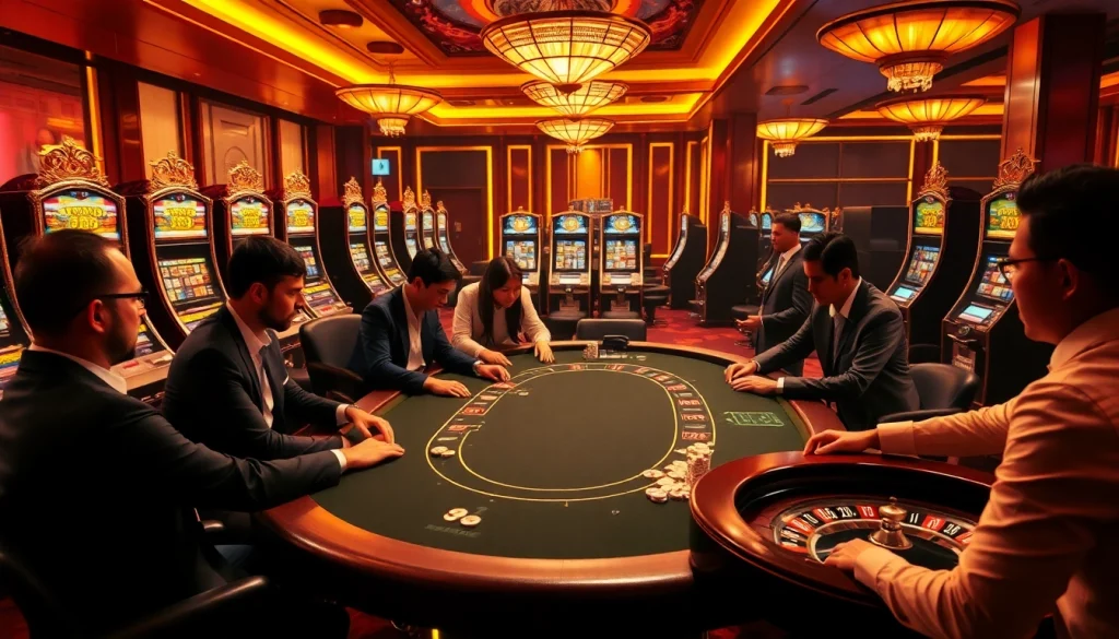 RR88 gamblers at a high-stakes poker table in a luxurious casino setting.