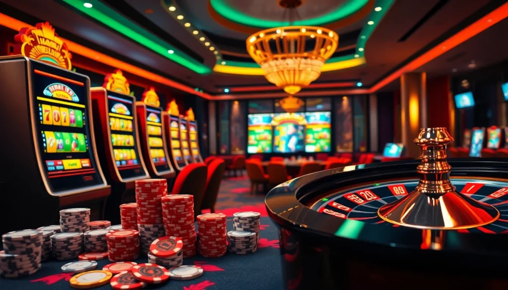 Engaging scene featuring jamu slot games with vibrant slot machines and roulette wheel in a luxurious casino.