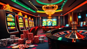 Engaging scene featuring jamu slot games with vibrant slot machines and roulette wheel in a luxurious casino.