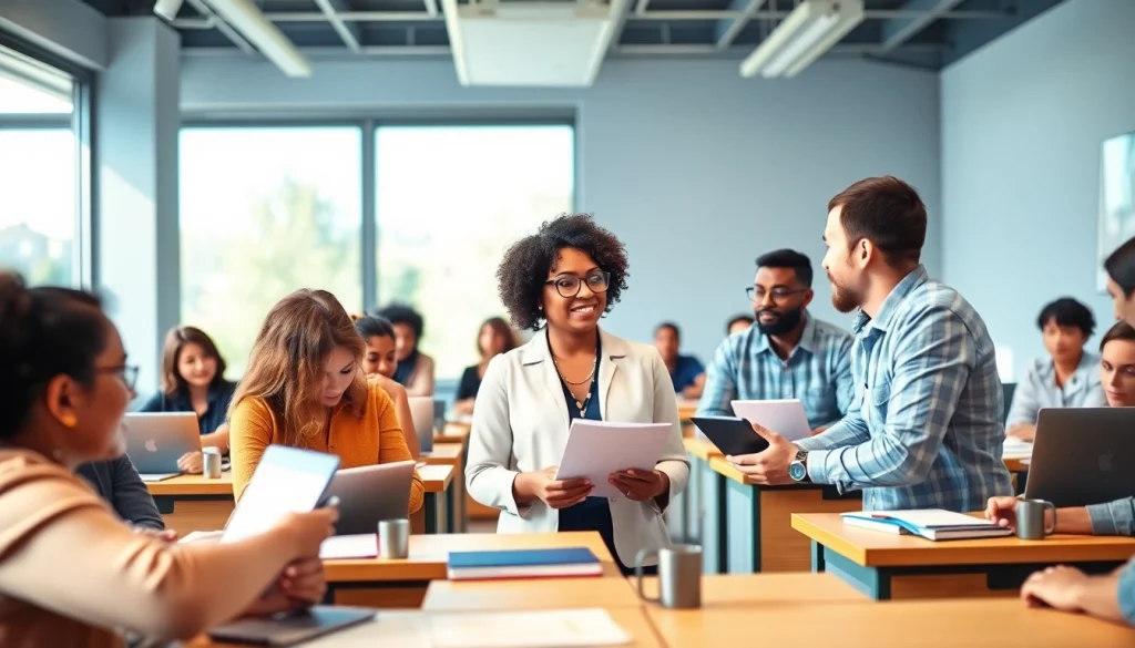 Engaged learners participating in workforce education program in a bright, collaborative classroom.