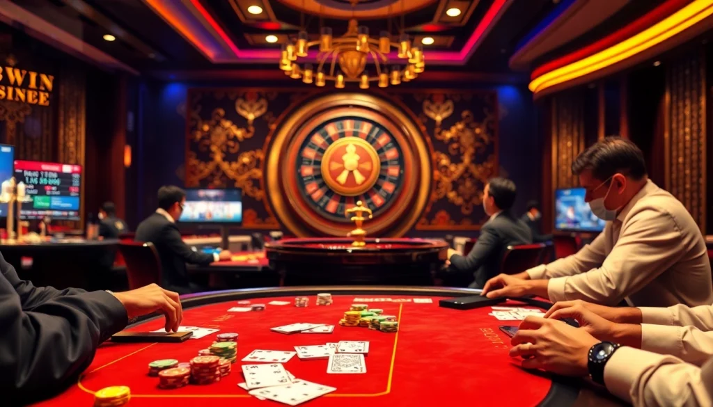 Experience the excitement of 98win bet with an engaging casino scene of players at a poker table.