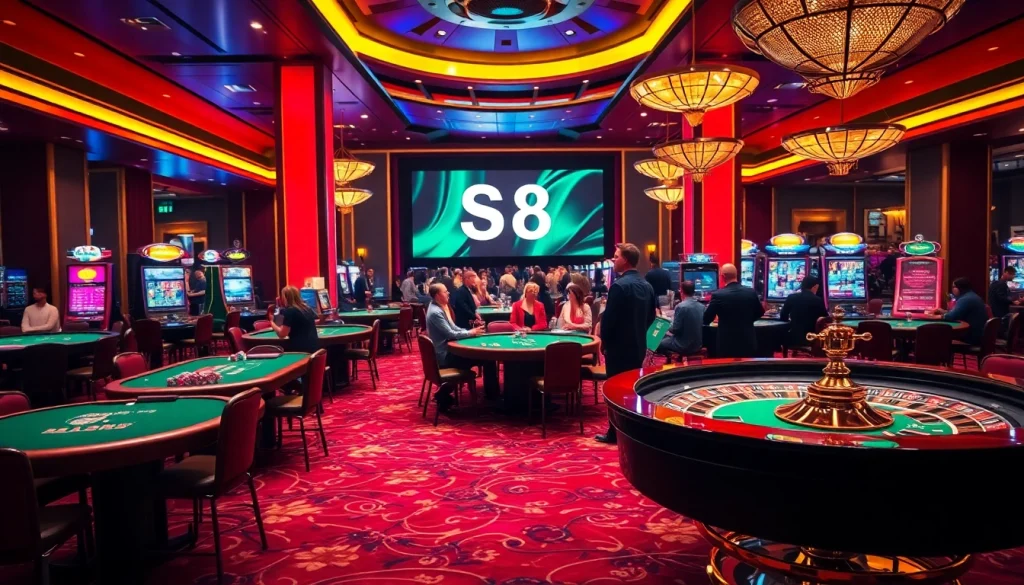 Experience high stakes at the casino with vibrant tables and action, highlighting S 8 bets.