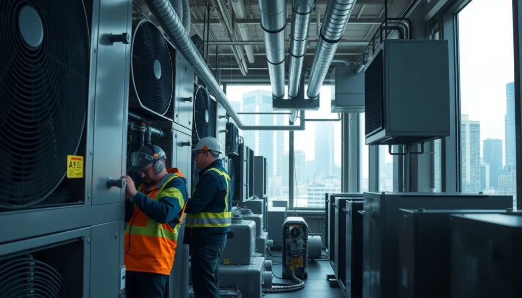 Technicians maintaining commercial hvac systems in an urban environment