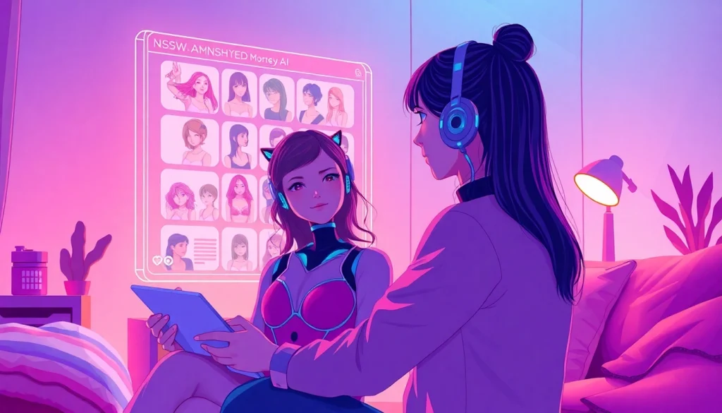 Engaging interaction showcasing nsfw ai with a user in a cozy, futuristic setting.