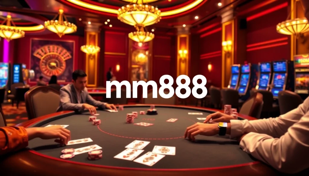 Engaged gamblers enjoying a vibrant poker game at mm88 casino, surrounded by luxury.