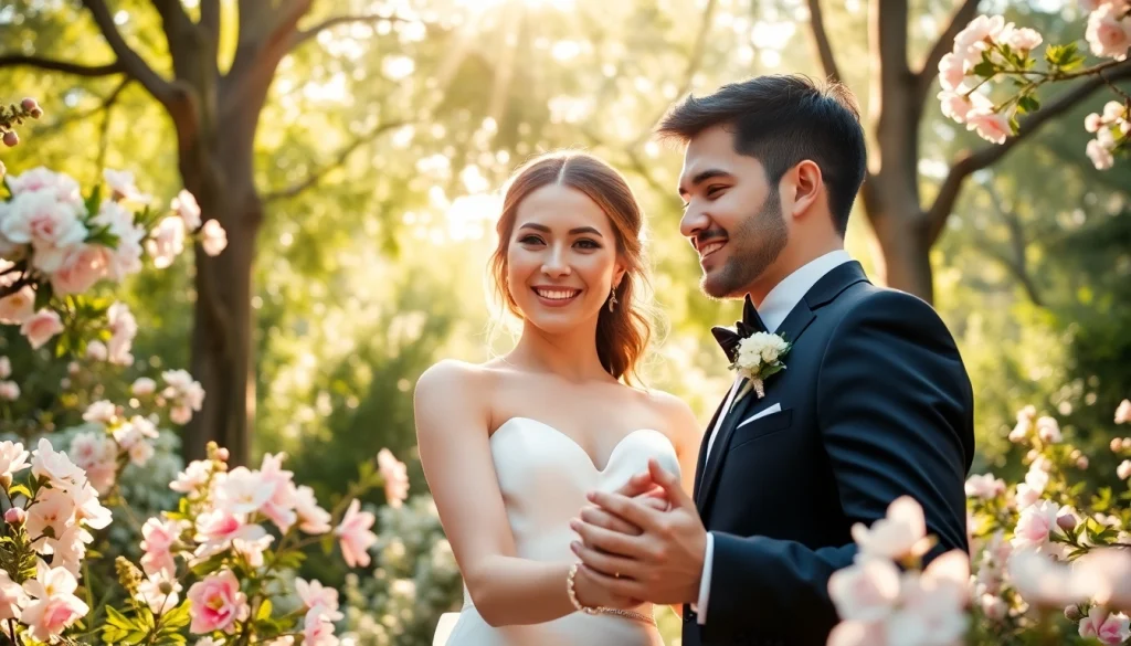 Capturing a couple's joy in wedding photography amidst a vibrant garden setting.