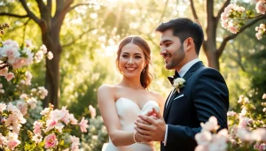 Capturing a couple's joy in wedding photography amidst a vibrant garden setting.