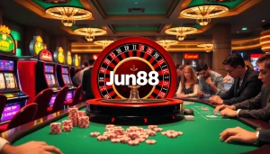 Experience the thrill of gambling with Jun88 at a luxurious casino featuring roulette and slot machines.