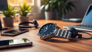 Showcasing the Finesse Smart Watch on a wooden desk next to tech gadgets in a warm atmosphere.