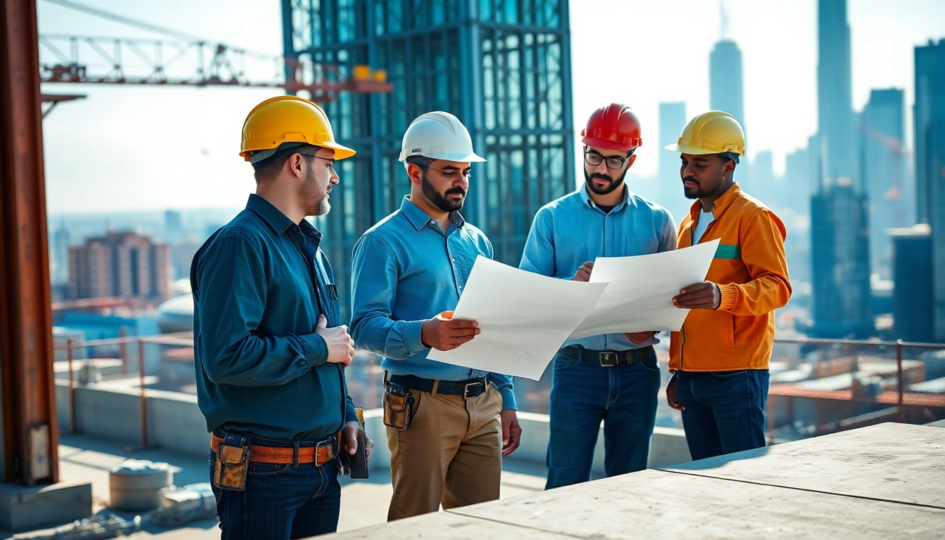 Showcasing construction quality management with a diverse team analyzing blueprints at a construction site.